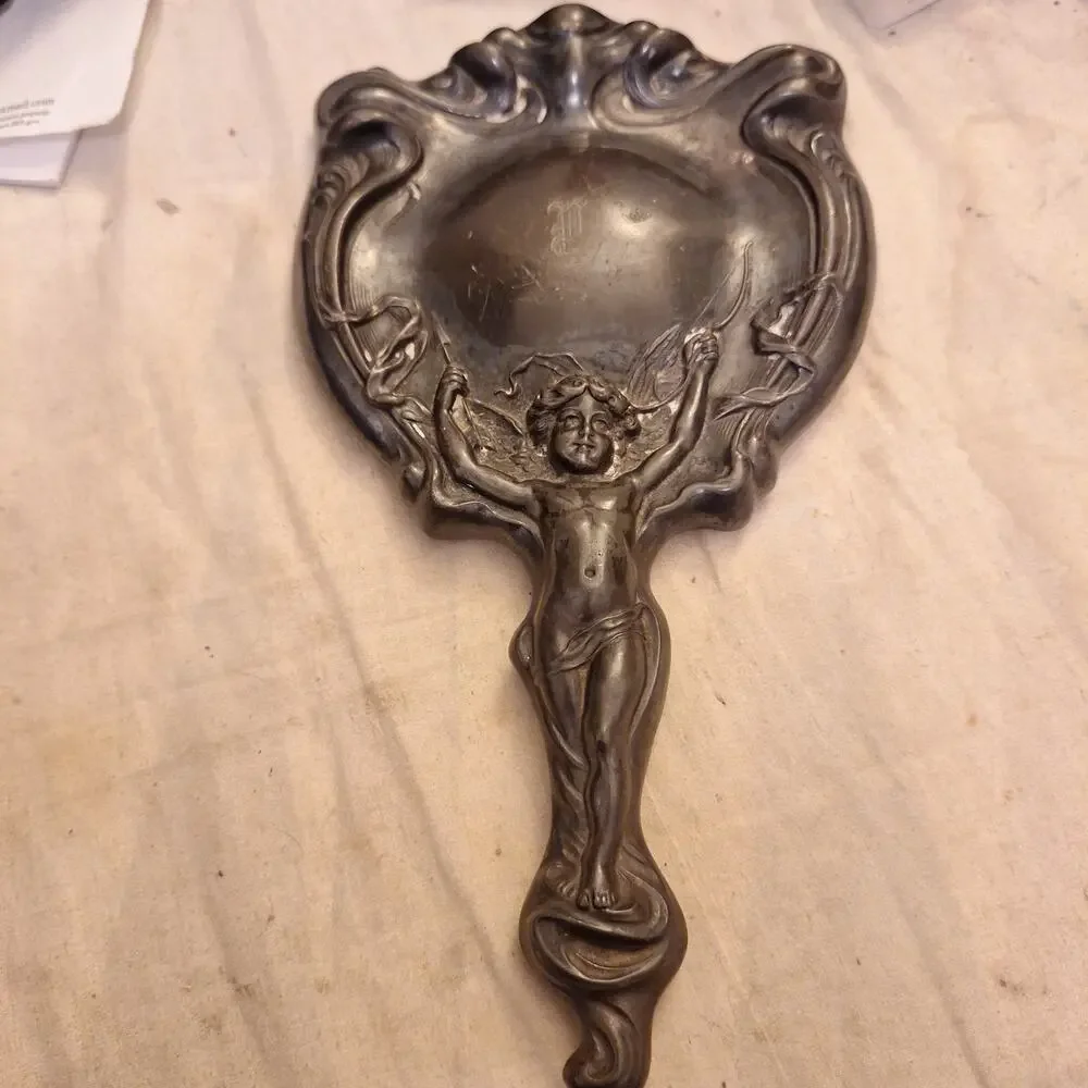 Antique Art Nouveau Silver Cupid Cherub Angel Figural Hand-Held Vanity Mirror